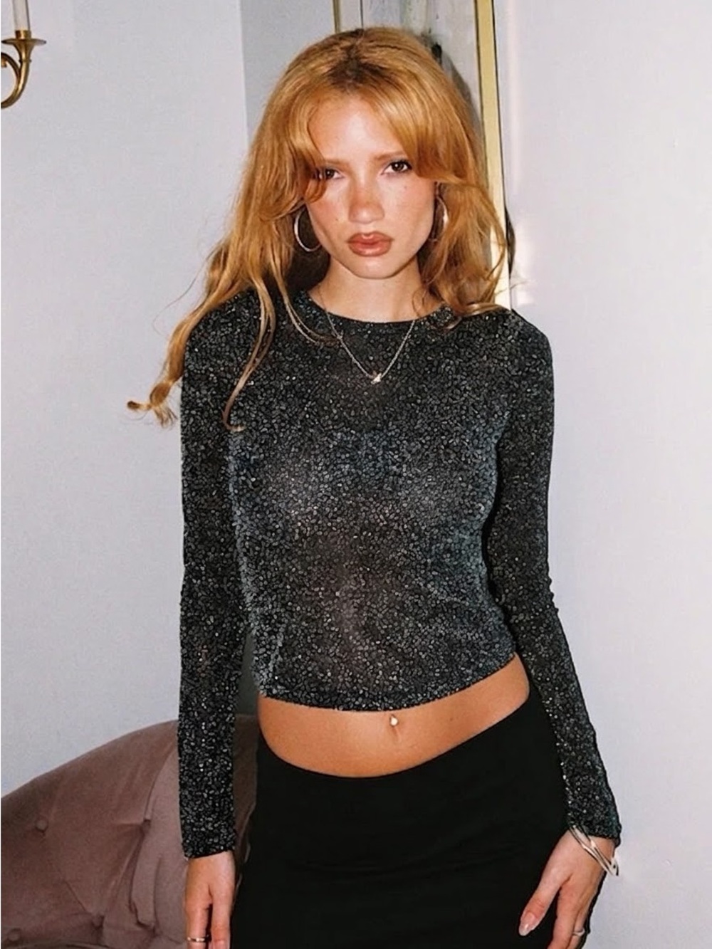 Free People Intimately Mesh So Well Layering Top S Black Metallic Shimmer